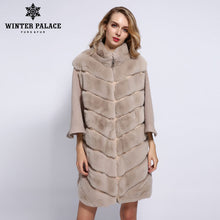 Load image into Gallery viewer, WINTER PALACE 2019 Women's Winter Rabbit Fur Coat Bat Stand Collar Cashmere Stitching Sleeves Short Sleeve Rabbit Fur Coat