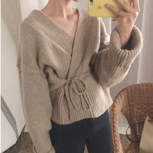 Load image into Gallery viewer, Women 2019 Sweater Coat Cardigan Autumn Winter Elegant V Neck Long Sleeve Belt Top Casual Solid Sweaters Knitwear Cardigans