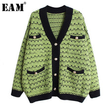 Load image into Gallery viewer, [EAM] Pocket Multicolor Big Size Knitting Sweater Cardigan Loose Fit V-Neck Long Sleeve Women Fashion Autumn Winter 2019 1D383