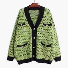 Load image into Gallery viewer, [EAM] Pocket Multicolor Big Size Knitting Sweater Cardigan Loose Fit V-Neck Long Sleeve Women Fashion Autumn Winter 2019 1D383