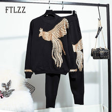 Load image into Gallery viewer, New Autumn Sportsuit Women Knitted 2 Piece Set Fashion Street Phoenix Pattern Sequins Nail Beads Sweater + Pant Woman Tracksuits