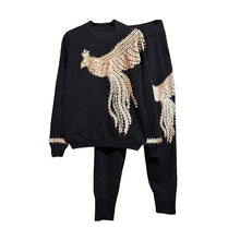 Load image into Gallery viewer, New Autumn Sportsuit Women Knitted 2 Piece Set Fashion Street Phoenix Pattern Sequins Nail Beads Sweater + Pant Woman Tracksuits